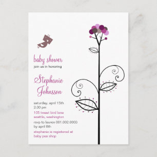 Tweet Bird Lila Bloom Dots Tree Chic Baby Dusche Einladungspostkarte