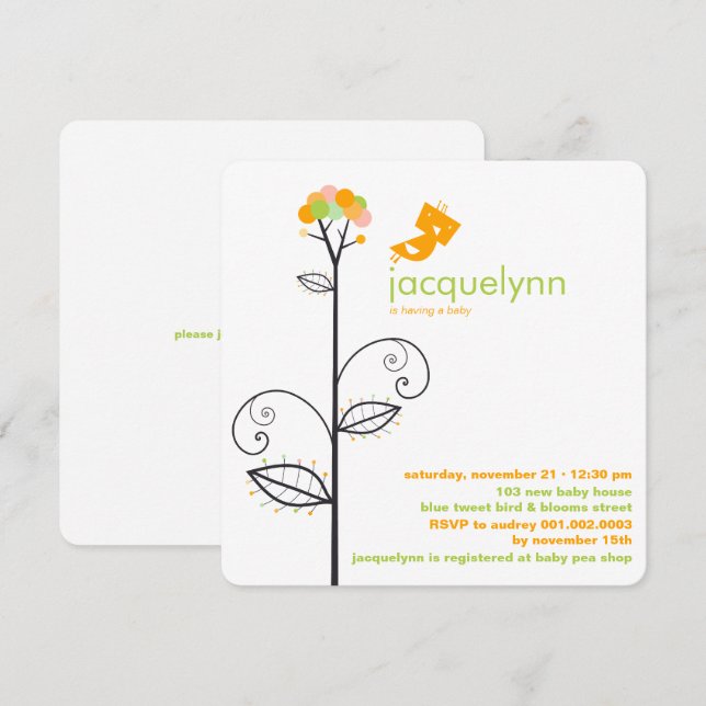 Tweet Bird Orange Bloom Dots Tree Chic Baby Dusche Einladung (Vorne/Hinten)