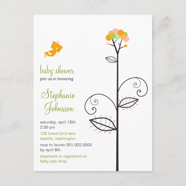 Tweet Bird Yellow Bloom Dots Tree Chic Baby Dusche Einladungspostkarte (Vorderseite)