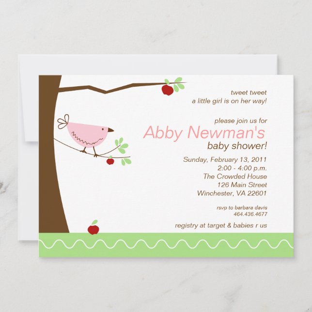 Tweet Invitation Baby shower de la fille aux oisea (Devant)