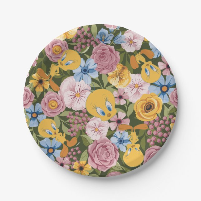 TWEETY™ Blumenstickereimuster Pappteller (Vorderseite)