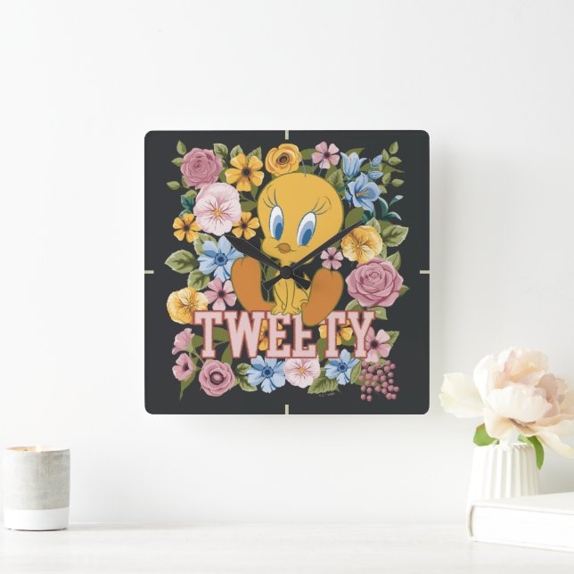 TWEETY™ Floral Embroidery Graphic Quadratische Wanduhr (Zuhause)