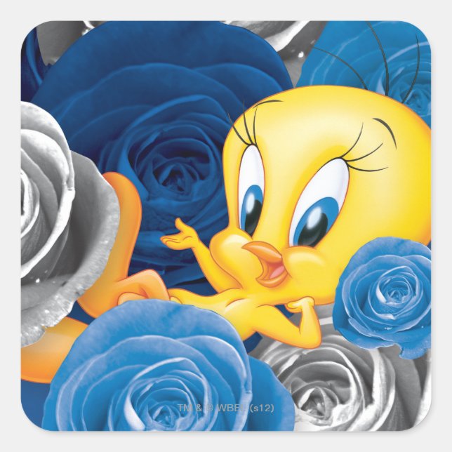 TWEETY™ mit Rose Quadratischer Aufkleber (Vorderseite)
