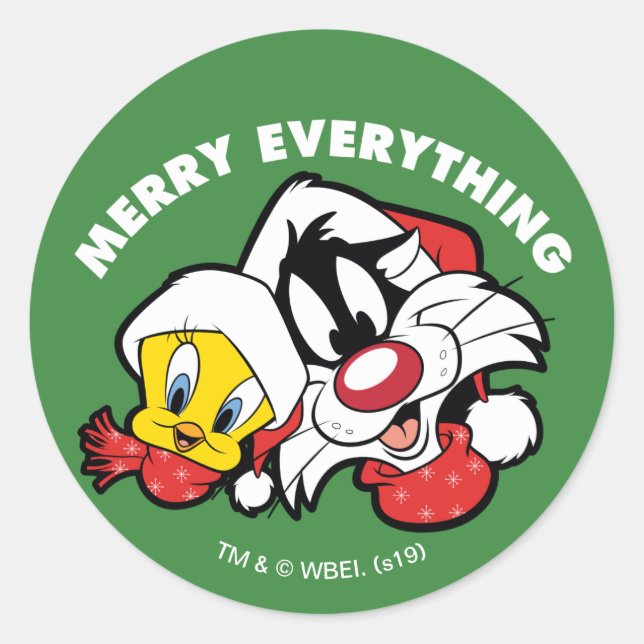 TWEETY™ & SYLVESTER™ "Merry Everything" Runder Aufkleber (Vorderseite)