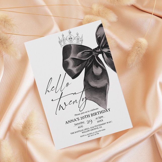 Twenty Black Bow 20th Birthday Invitation Einladung (Von Creator hochgeladen)