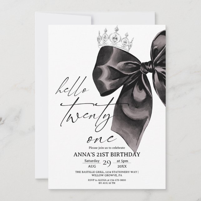 Twenty one Black Bow 21st Birthday Invitation (Devant)
