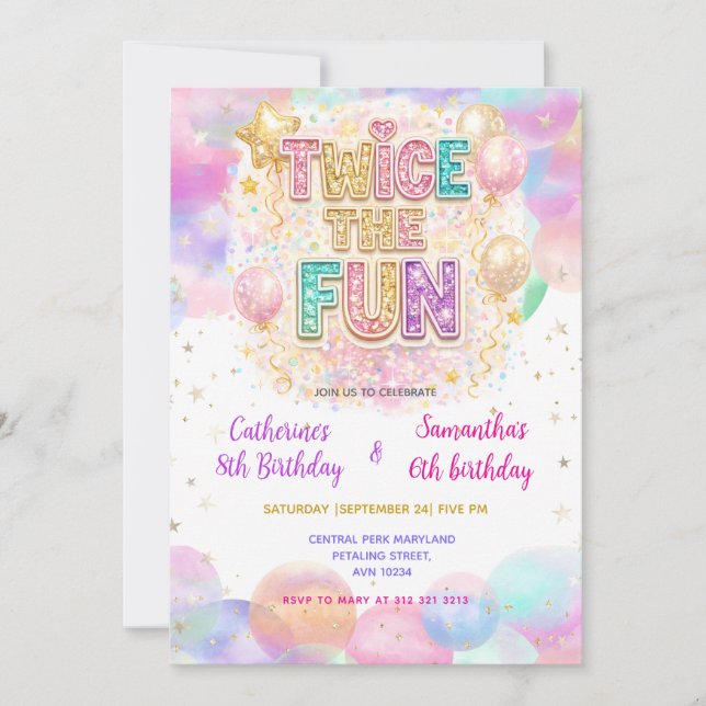 Twice the Fun Pastel Glitter Double Birthday Einladung (Vorderseite)