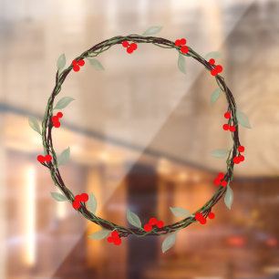 Twiggy Winter Wreath with Leaves and Berries Fensteraufkleber