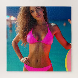 Twilight Beach Portrait - Frau in Neon Pink Bikin
