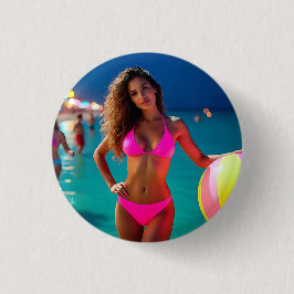 Twilight Beach Portrait - Frau in Neon Pink Bikin Button