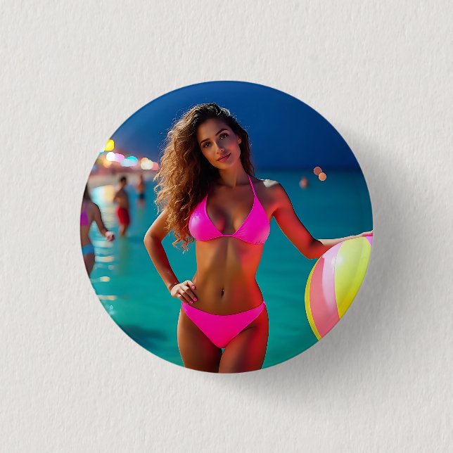 Twilight Beach Portrait - Frau in Neon Pink Bikin Button (Vorderseite)