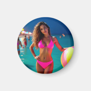 Twilight Beach Portrait - Frau in Neon Pink Bikin Magnet