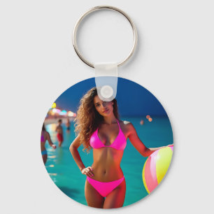 Twilight Beach Portrait - Frau in Neon Pink Bikin Schlüsselanhänger