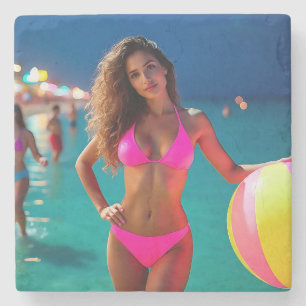 Twilight Beach Portrait - Frau in Neon Pink Bikin Steinuntersetzer