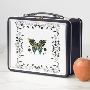 Twilight Butterfly Bloom – Fantasie-Blumenkunst Metall Brotdose
