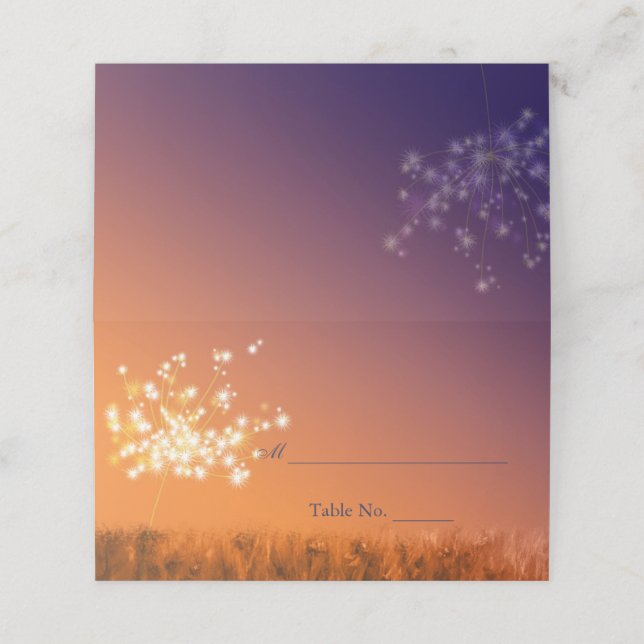 Twilight Dandelions Wedding Platzkarte (Außenseite Aufgefaltet)