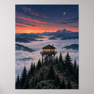 Twilight-Feuerwachtturm über dem Nebel 12x16 Poste Poster