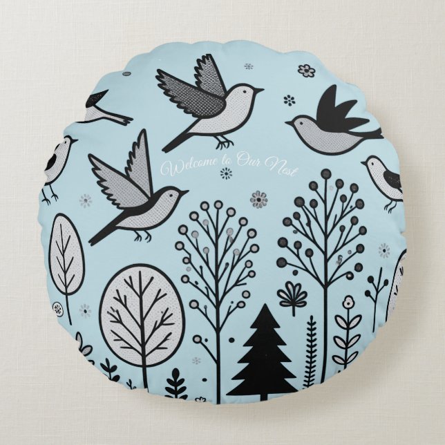 Twilight Forest Birds Hellblau Rundes Kissen (Vorderseite)