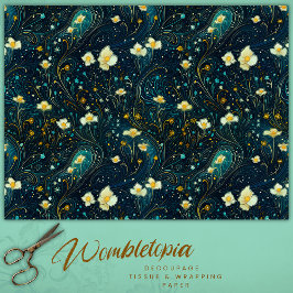 Twilight Garden Navy Blue, Gold Floral Decoupage Seidenpapier