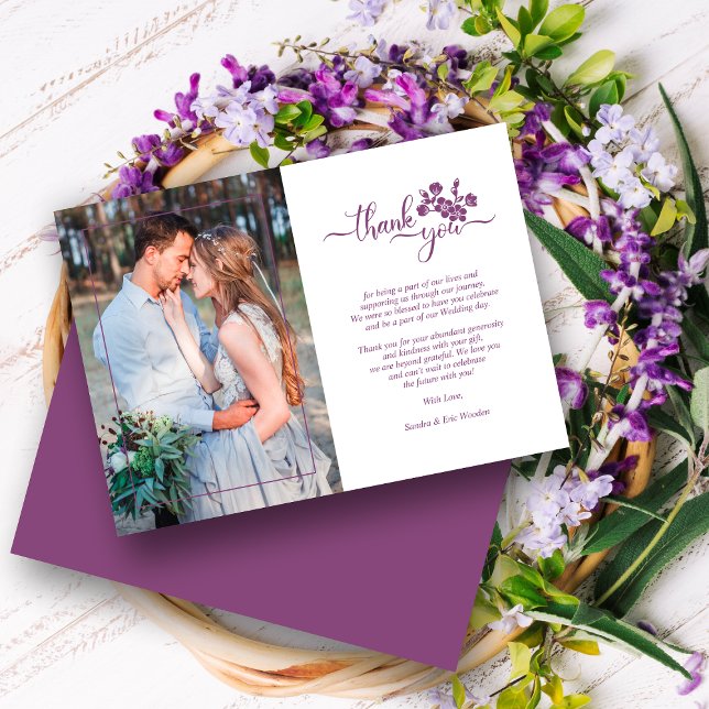 Twilight Lavender Floral Wreath Photo Wedding Dankeskarte (Von Creator hochgeladen)