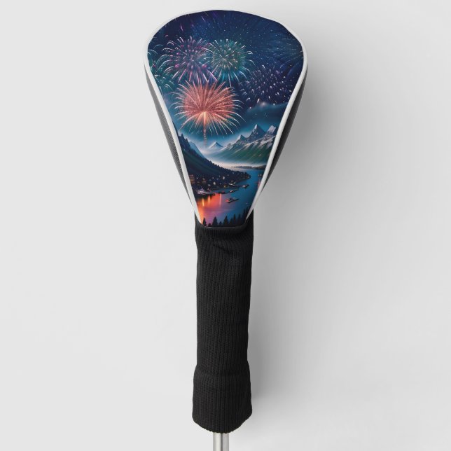 Twilight Mountain mit Feuerwerk Golf Headcover (Vorderseite)