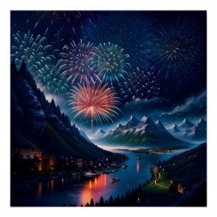 Twilight Mountain mit Feuerwerk Poster