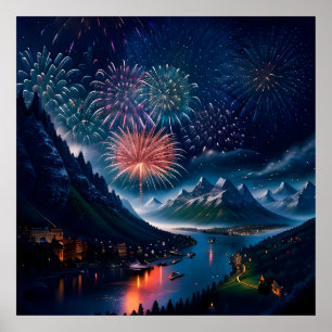 Twilight Mountain mit Feuerwerk Poster