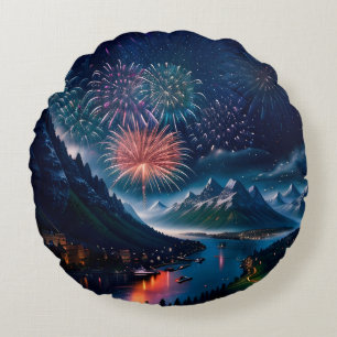 Twilight Mountain mit Feuerwerk Rundes Kissen