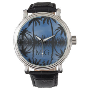Twilight Palme-Silhouette-tropisches Monogramm Armbanduhr