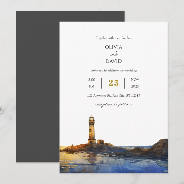 Twilight Rocky Lighthouse Watercolor Beach Hochzei Einladung (Vorne/Hinten)