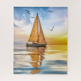 Twilight Sailboat and Seagulls Nautical