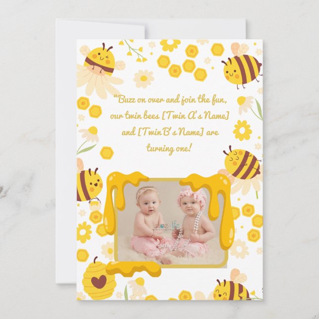 Twin 1er Anniversaire Fête Invitation Bumble Bee (Devant)