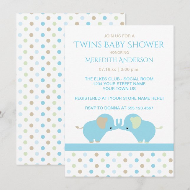 Twin Baby Boy Elephants Baby Shower Einladungen (Vorne/Hinten)
