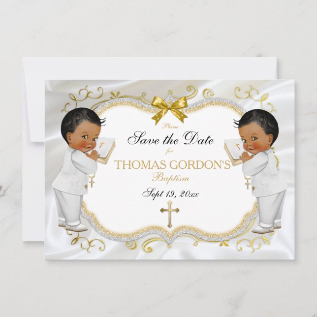 Twin Baby Boys Baptism Save Date White Gold Cross Save The Date (Vorderseite)
