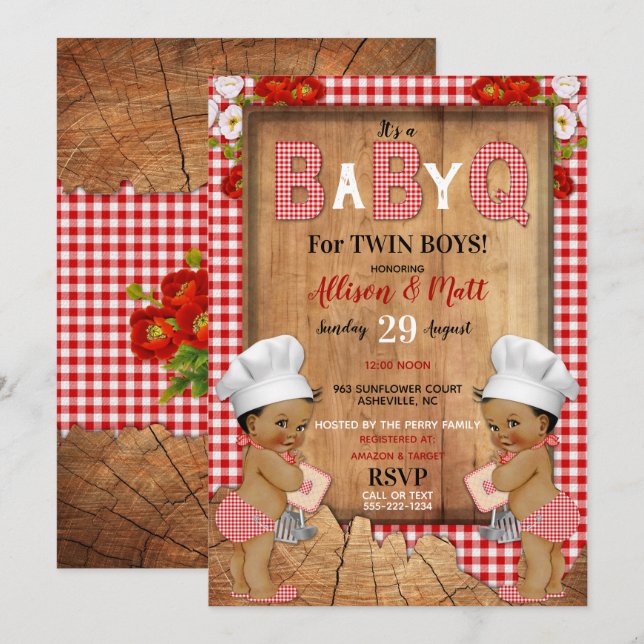 Twin Baby Boys Red Gingham Wood Baby Q Barbecue Einladung (Vorne/Hinten)