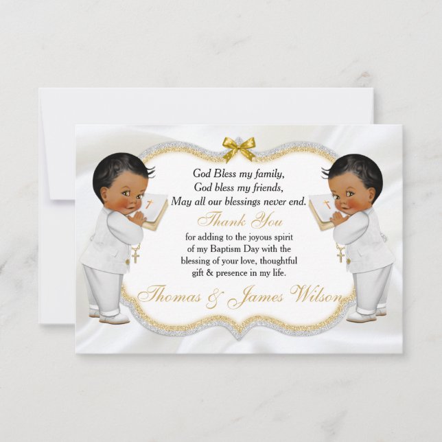 Twin Baby Boys Taufe Gold Cross Vielen Dank Dankeskarte (Vorderseite)