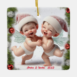 Twin Baby Christmas Fairies Keramikornament