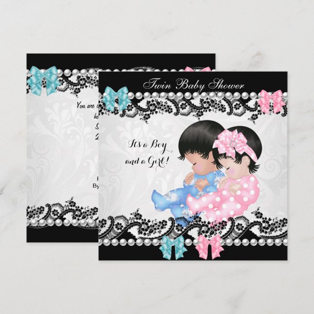 Twin Baby Dusche Niedlich Girl Pink Boy Blue Einladung (Vorne/Hinten)
