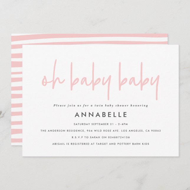 Twin Baby Dusche Rosa mädchenhafte moderne Typogra Einladung (Vorne/Hinten)