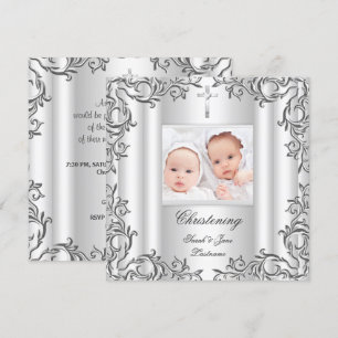 Twin Baby Girl Boy Christening Taufe Weiß Einladung
