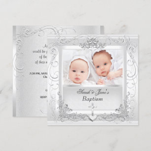Twin Baby Girl Boy Christening Taufe Weiß Einladung