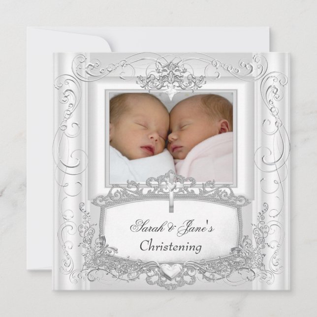 Twin Baby Girl oder Boy Christening Taufe Weiß Ankündigung (Vorderseite)