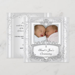 Twin Baby Girl oder Boy Christening Taufe Weiß Einladung
