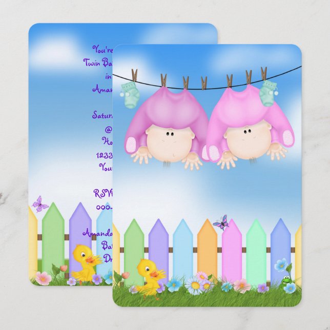 Twin Baby Girl Shower Einladung (Vorne/Hinten)