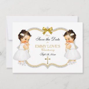 Twin Baby Girls Baptism Save Date White Gold Cross Save The Date