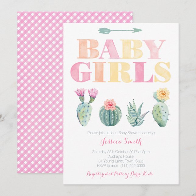 Twin Baby Girls Desert Cactus Baby Shower Einladung (Vorne/Hinten)