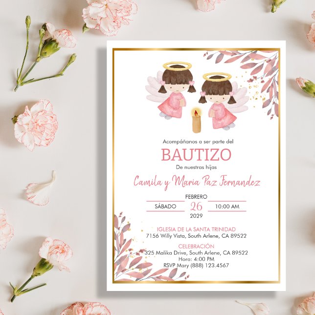 Twin Baby Girls Invitacion Bautizo Blätter Taufe Einladung (Von Creator hochgeladen)
