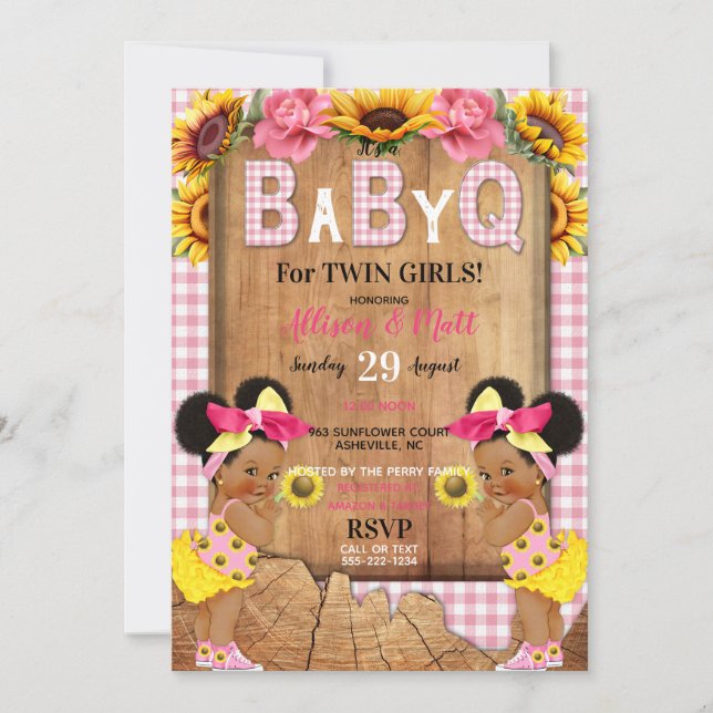 Twin Baby Girls Pink Sunflower Baby Q Barbecue Einladung (Vorderseite)