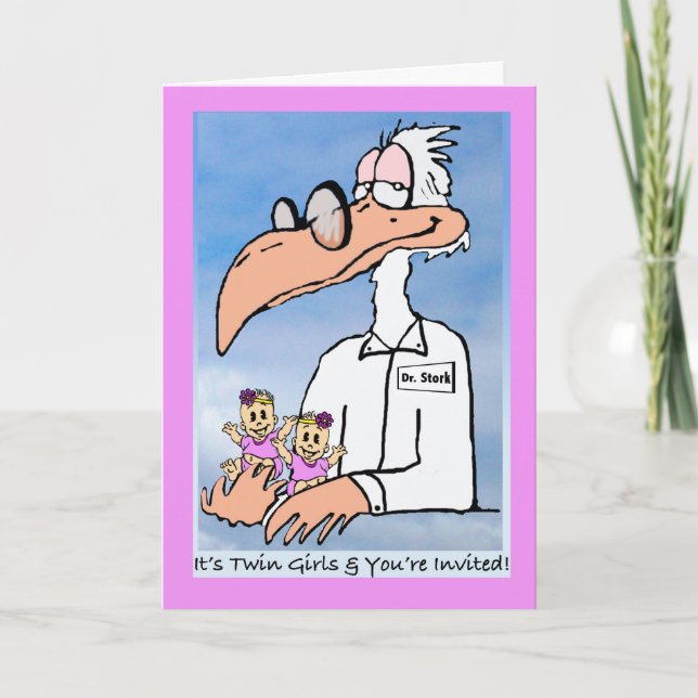 Twin Baby Girls Shower Invitation, Dr. Stork Einladung (Vorderseite)