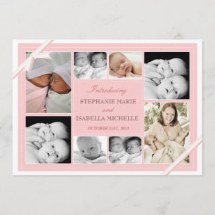 Twin Baby Photo Collage Faire-part bébé   Rose